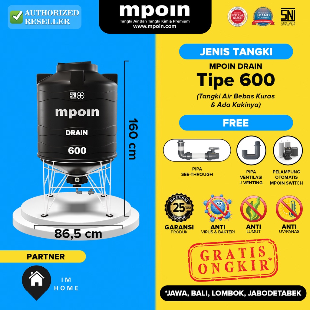 (IMHOME) - Tangki / Toren Air Kaki MPOIN Drain 600 Liter Bebas Kuras Tandon 500 Ltr