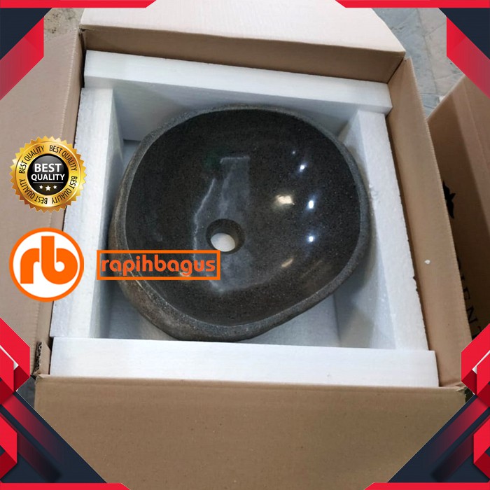 wastafel batu kali ukuran mini 20cm glossy natural alami cuci tangan pipa kran afur sifon universal 