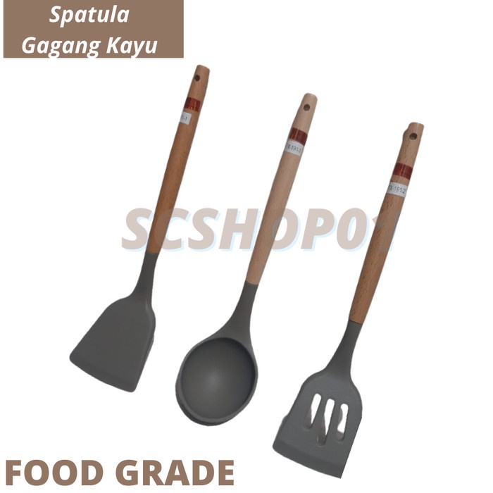 Jual Alat Masak Spatula Silicon Gagang Kayu Tahan Panas Sendok Sup