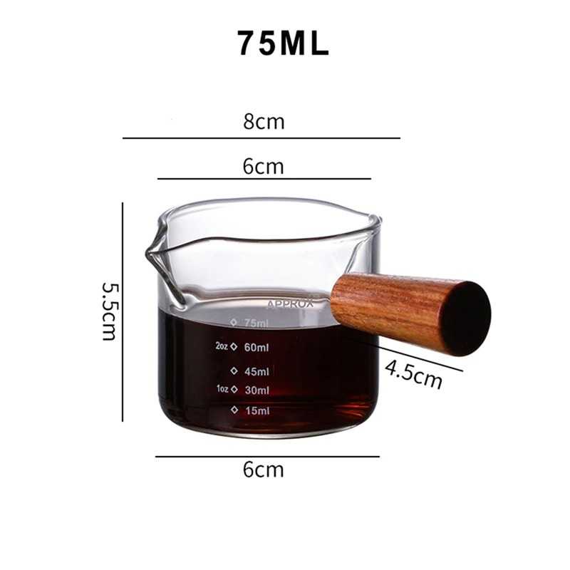 Gelas Takar Kopi Espresso Gelas Takar Kaca Double Mouth Gagang Kayu Gelas Ukur Kopi Coffee Espresso Measuring Cup High Borosilicate Glass 75ml dan 70ml