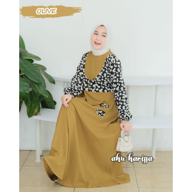 SUNFLOWER DRESS AKU KARISSA ITY CREPE PREMIUM POLOS BORDIR BAJU GAMIS REMAJA SIMPLE ORI CANTIK BUSUI
