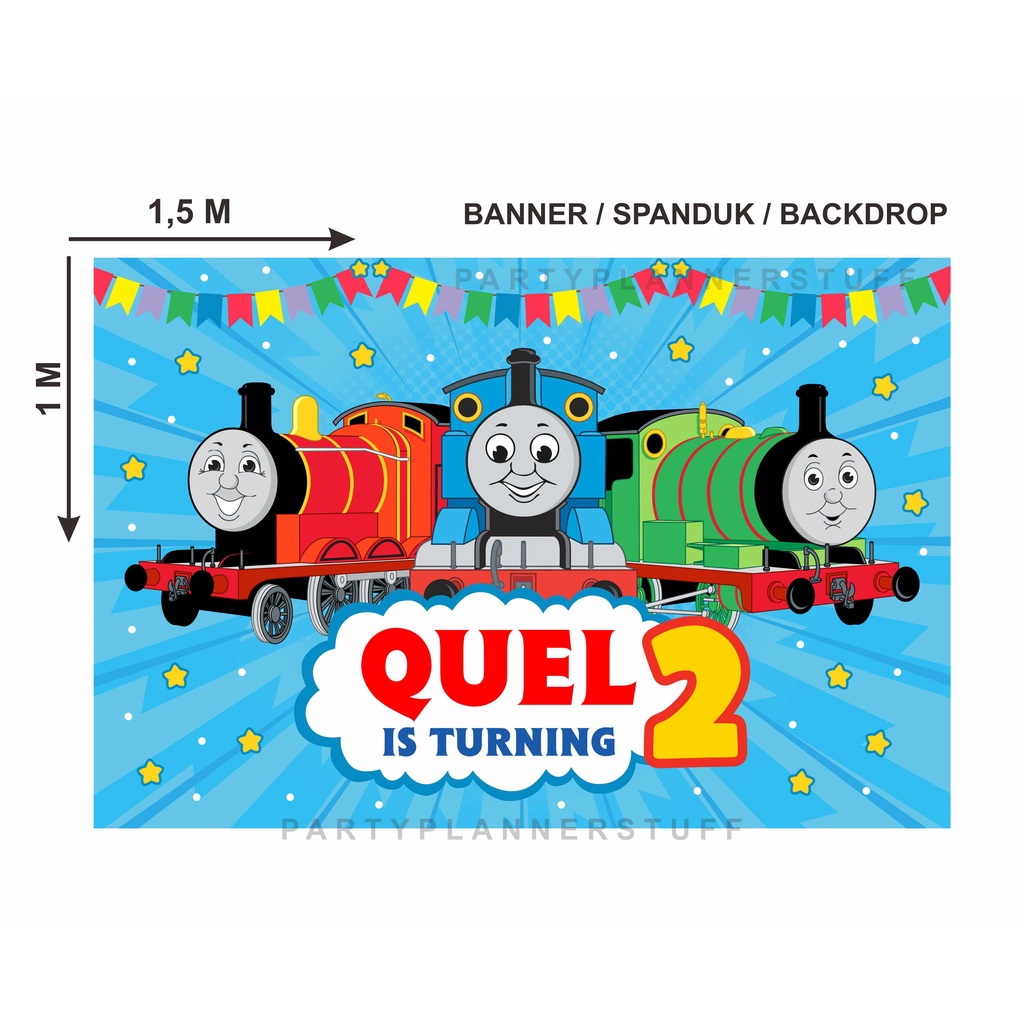 Spanduk / banner / backdrop ultah anak tema kereta thomas and friends / dekorasi tema thomas changin