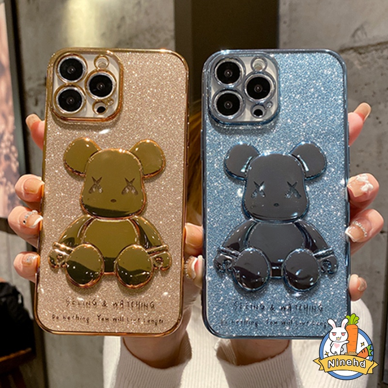 Soft Case Pelindung Desain Beruang 3D Electroplated Shockproof Untuk iPhone 13 12 11 Pro Max X Xr Xs Max SE 2020 iPhone 8 7 6 6s Plus 7pus 8plus Luxury Plating Cellphone Phone Case Casing All-inclusive Shockproof Protective Cover