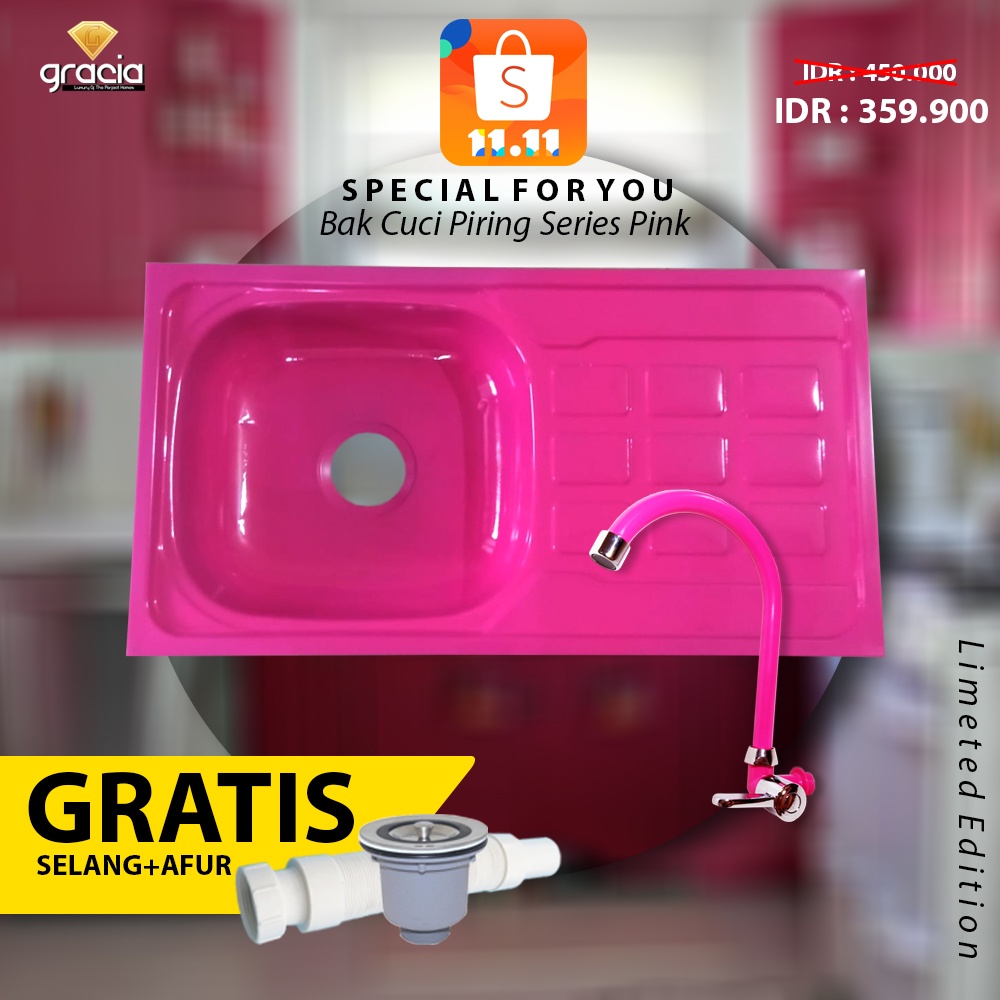 NEW Bak Cuci Piring Warna Pink + Kran Angsa Pink SIze 75x40x14cm