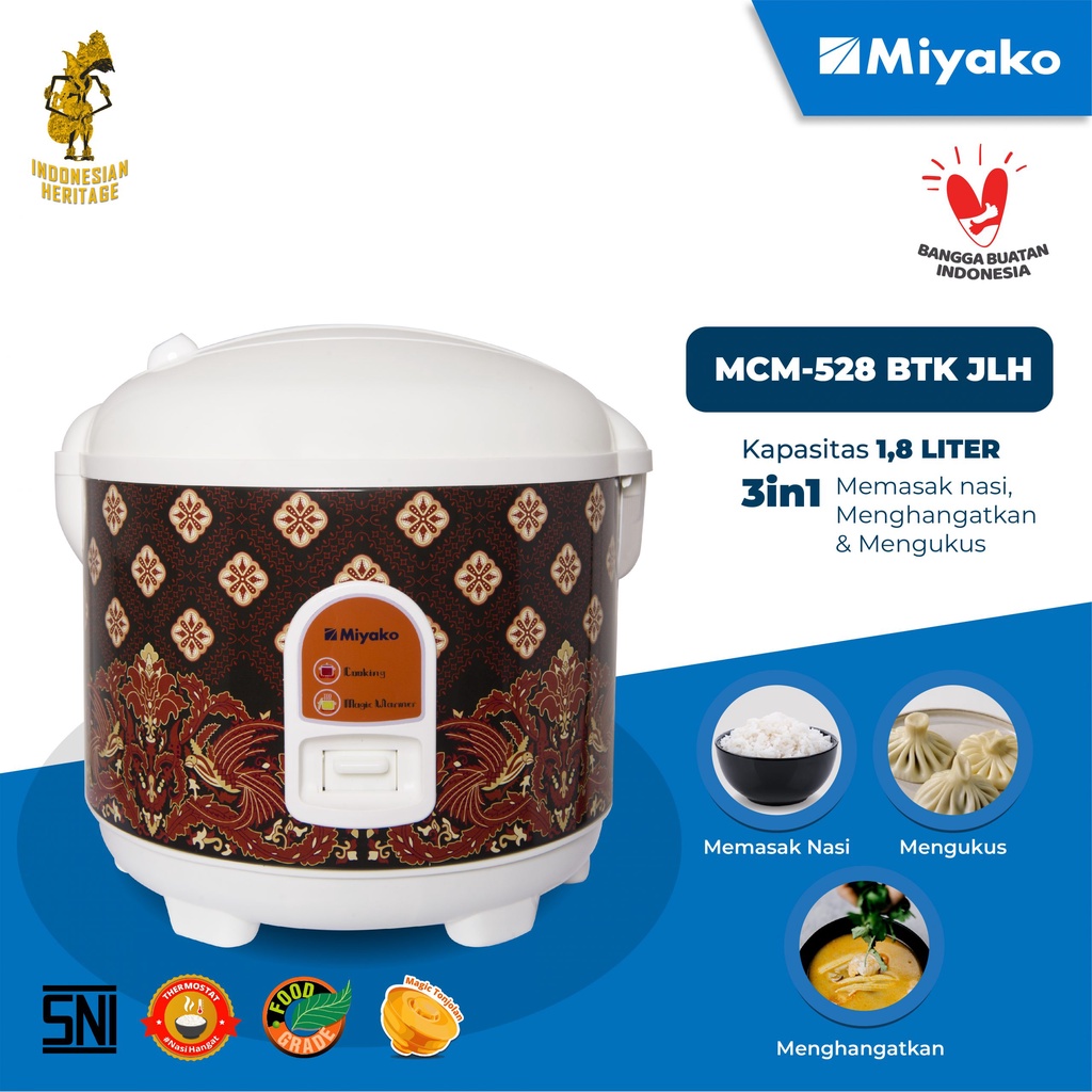 Miyako MCM528BTK Rice Cooker / Magic Com 1.8 Liter 3 in 1 Bonus Gelas Ukur dan Sendok Nasi
