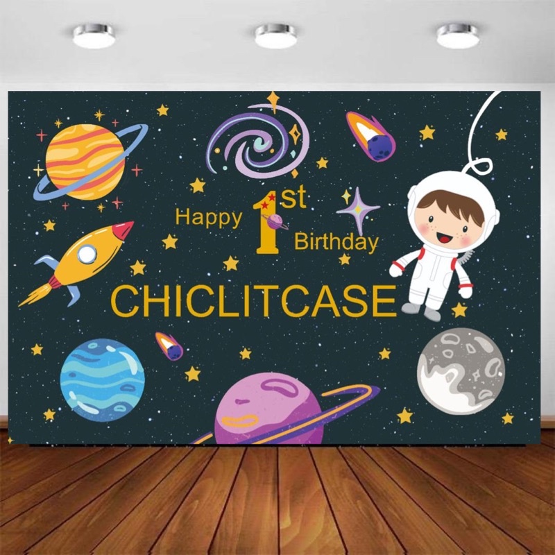 Spanduk banner backdrop astronot galaxy ulang tahun custom birthday