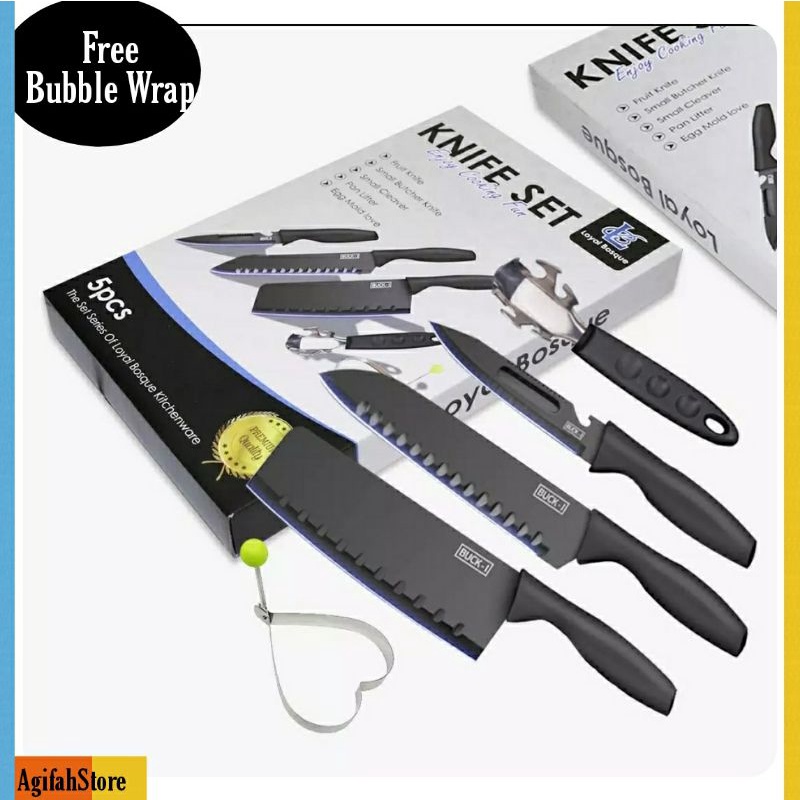 Satu Set Pisau Dapur (FULL BLACK) - Pisau Potong Granit - Pisau Set Dapur - Pisau Set