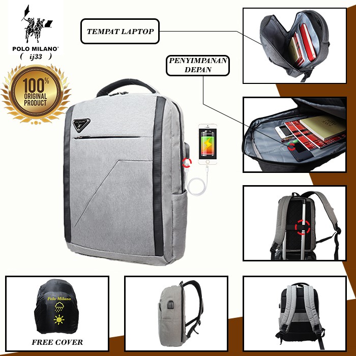 TAS RANSEL POLO MILANO IJ33 TAS KULIAH PRIA TAS IMPORT ANTI AIR MULTIFUNGSI TERBARU + USB