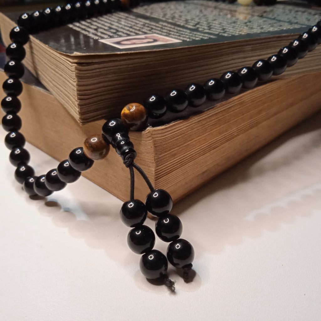 Kalung Tasbih Japamala 108 Batu Black Onyx Kombinasi Tiger Eye