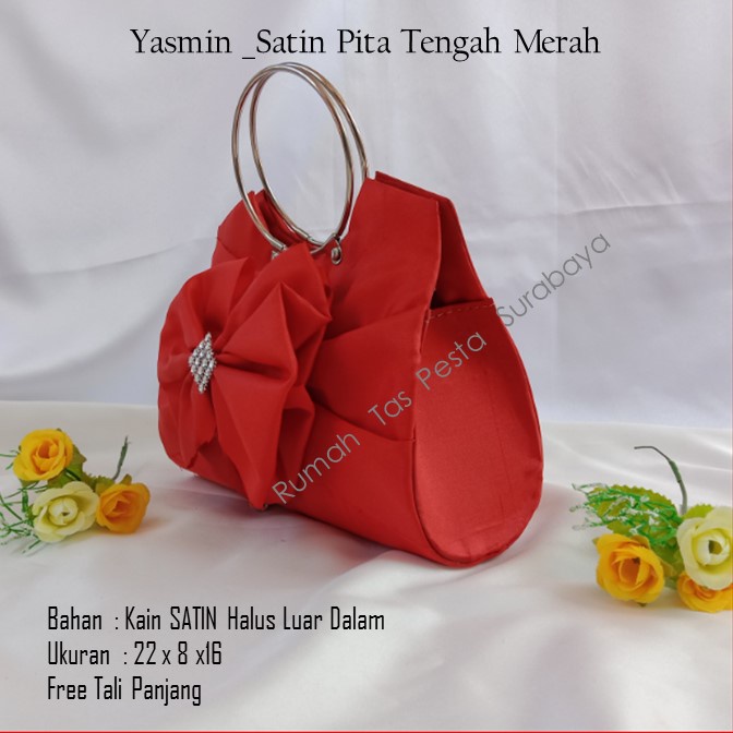 Tas Etnik,Tas Kekinian,Tas Satin,Yasmin _Satin Pita Tengah Merah