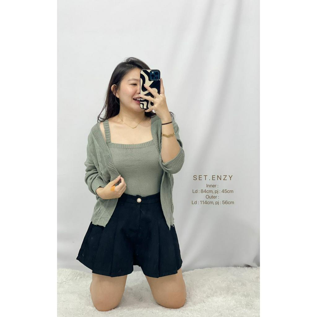 Setelan Atasan Cardigan Tank Top Wanita Bahan Rajut Halus Set Enzy HOPYLOVY