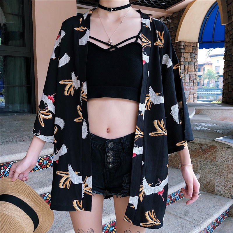 Black Brown Crane Chiffon Beach Cardigan Kimono Wanita Motif Jepang Harajuku Kimono Longgar Warna 2023