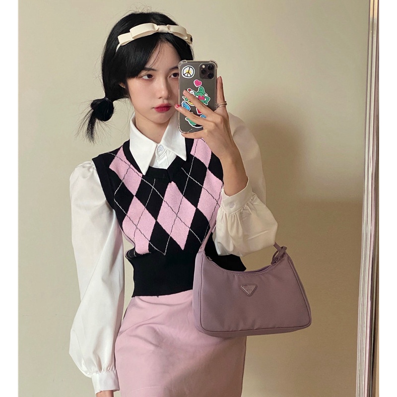 [2 Warna]Rompi Rajut Wanita Korean Style Fashion Retro Kotak-kotak V-Neck Crop Top