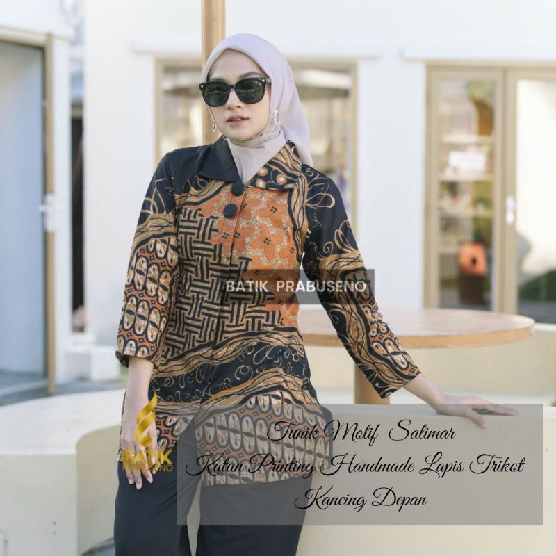 Atasan Baju Tunik Cewek Batik Lengan 3/4 Motif Salimar Lapis Trikot Busui Jumbo Seragam Kerja Kantor