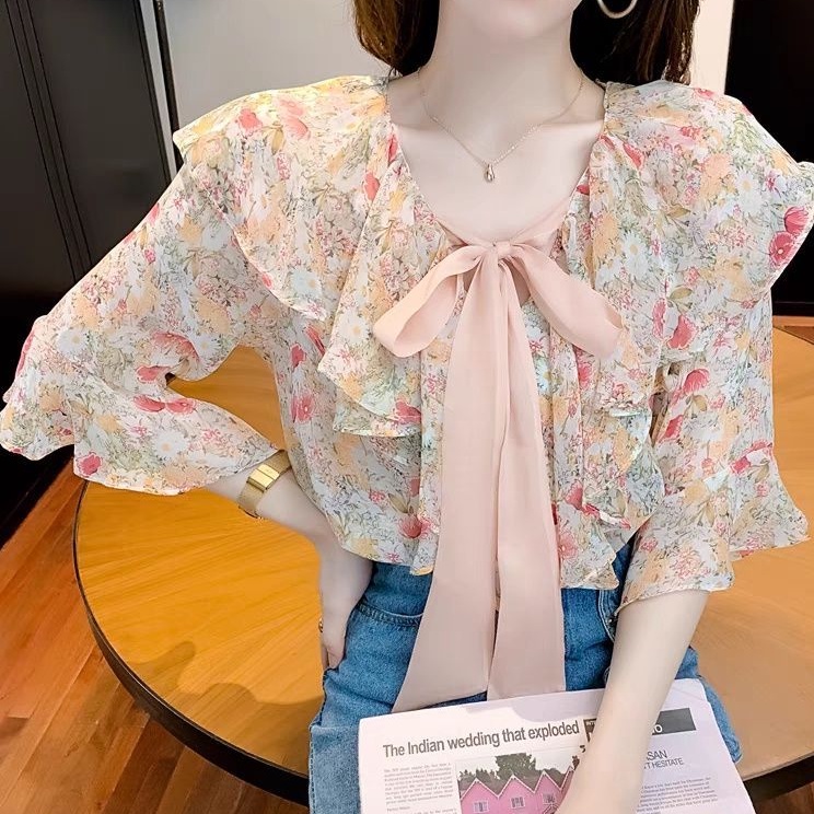 1789 Baju atasan blouse kerja kantor motif bunga flower Korean style lengan pendek cewek import baju