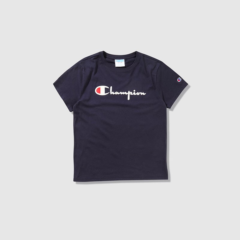  Champion  Kaos  Wanita  ORI TEE DIRECT FLOCK SCRIPT Dark Blue 