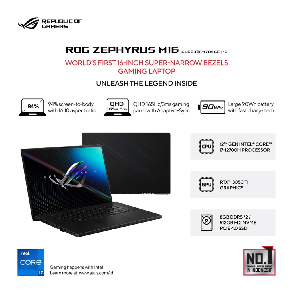 ASUS ROG ZEPHYRUS M16 GU603ZE-I7R5G6T-O Intel® Core™ i7-12700H GeForce RTX 3050 Ti RAM 16GB SSD 512GB W11 OHS 16 WQXGA