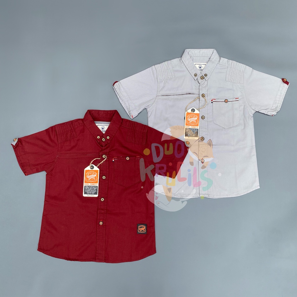 Kemeja anak premium warna merah dan abu muda goldboy | DUO KRUCILS