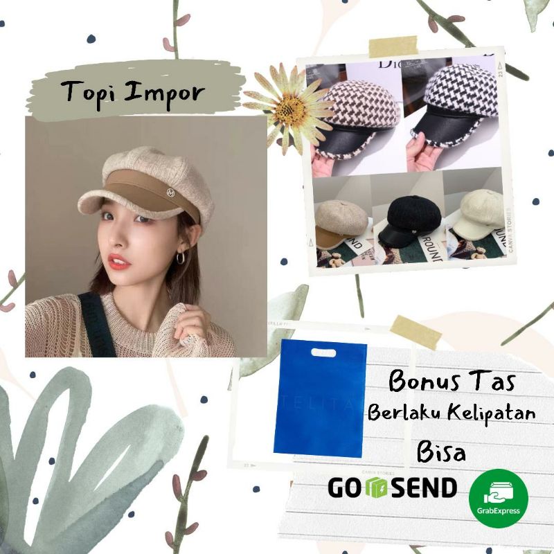 Topi Baret Wanita Korea Aesthetik Hitam Putih Coklat