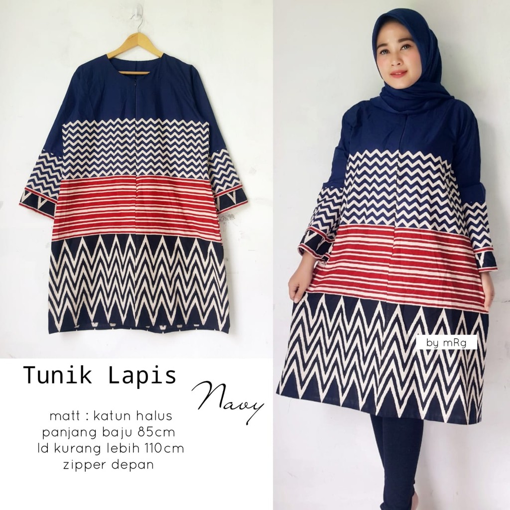 BUSANA BATIK WANITA MUSLIMAH TERBARU,TUNIK LAPIS NAVY,BATIK TUNIK SOLO MURAH