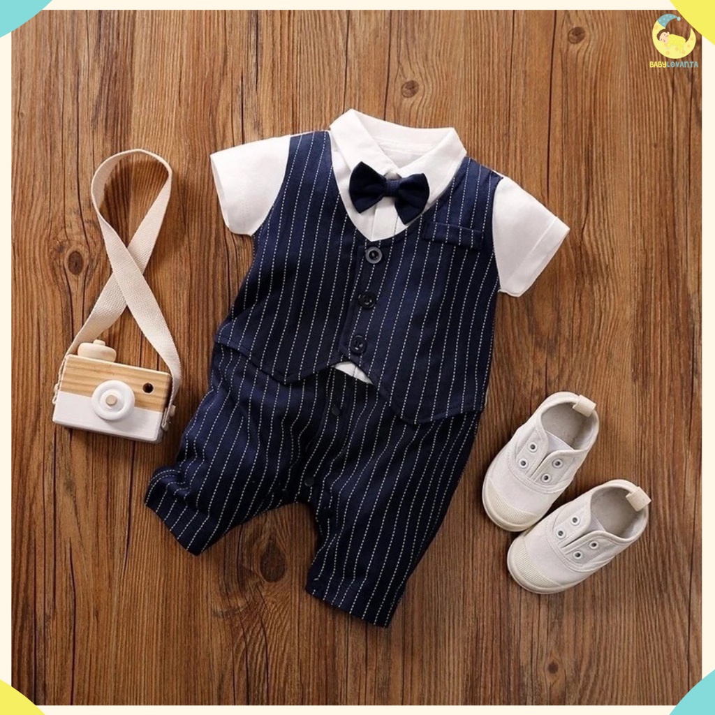 [COD]  BAJU BAYI IMPORT / Jumper bayi lengan pendek / baju bayi tuxedo NAVY 100% cotton/Babylovanta