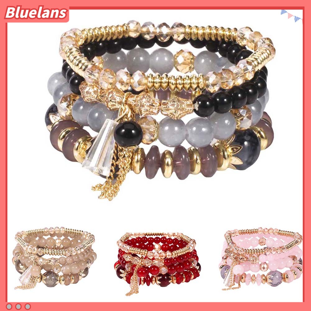 Bluelans 4Pcs Boho Faux Agate Pearl Tassel Chain Charm Beaded Bracelet Women Jewelry