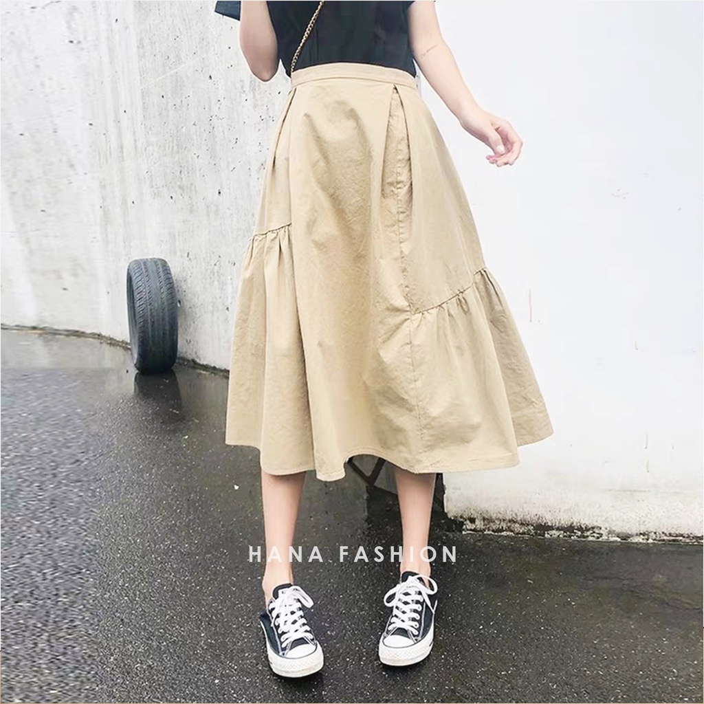 HanaFashion - Casual Midi Skirt Rok Wanita Kerja - SK035-Beige
