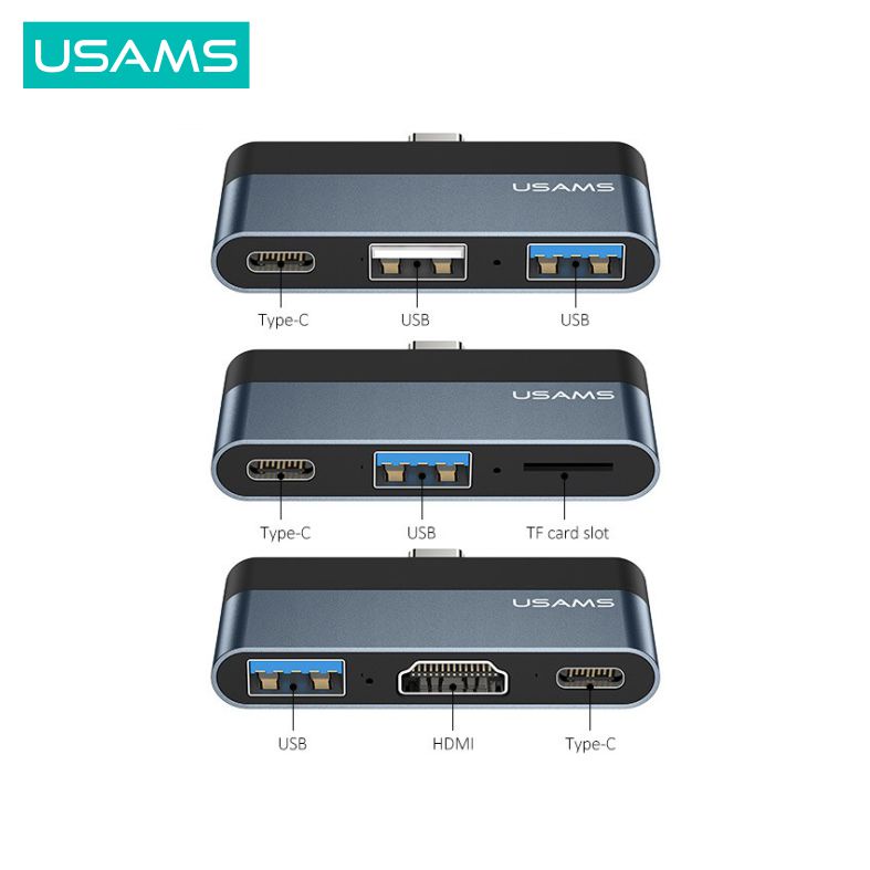 USAMS Adapter Converter 3in1 USB C Smart Hub Kabel Audio Video 4K Type C USB Port MicroSD