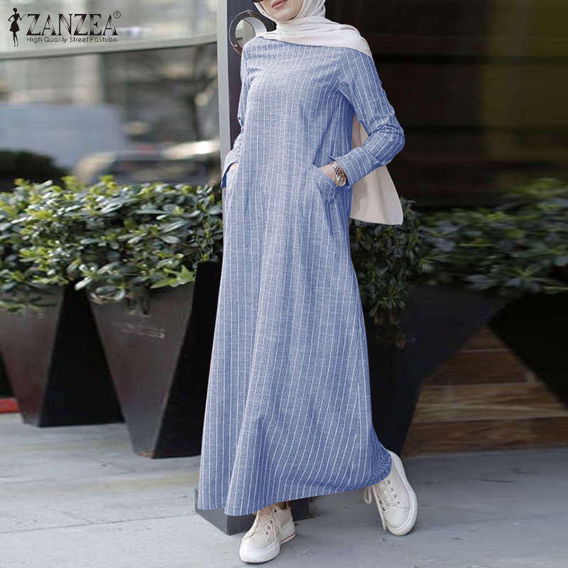 ZANZEA Muslim Women O-neck Striped Long Sleeve Pockets Dress