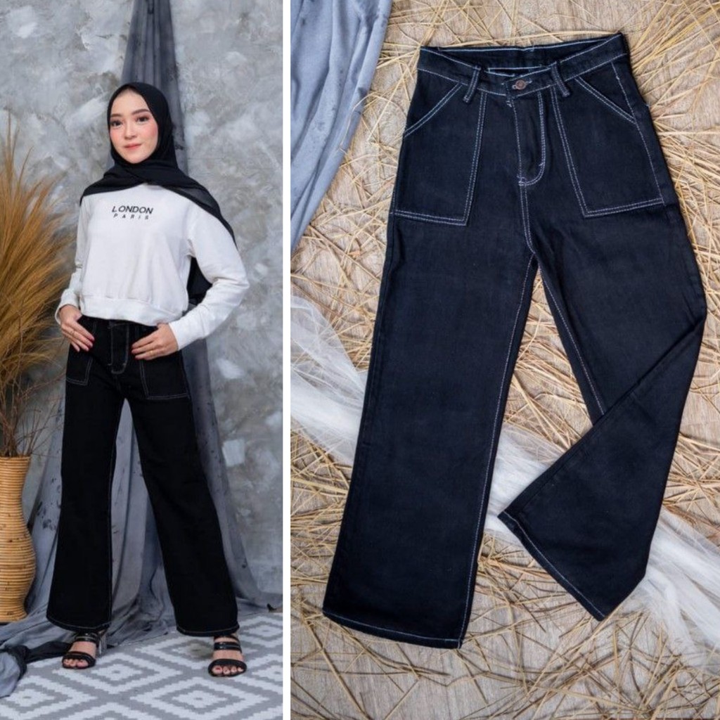 HIGH WAIST KULOT JEANS WANITA SNOW SAKU DEPAN TEMPEL CELANA AMBER JINS KULOT ALICE