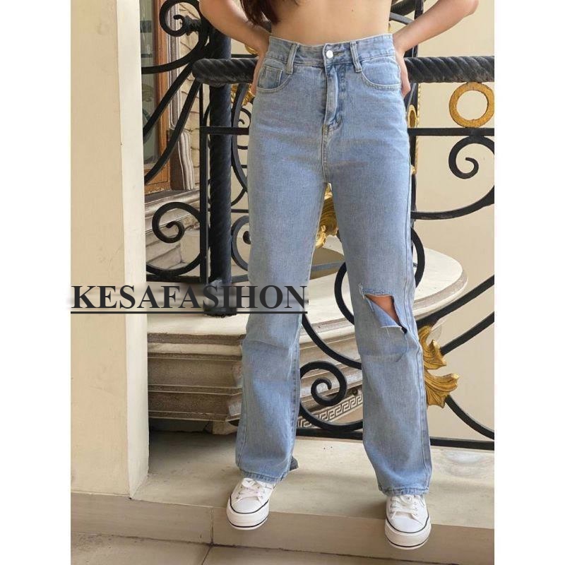 Sakira ripped high waist kulot jeans wanita