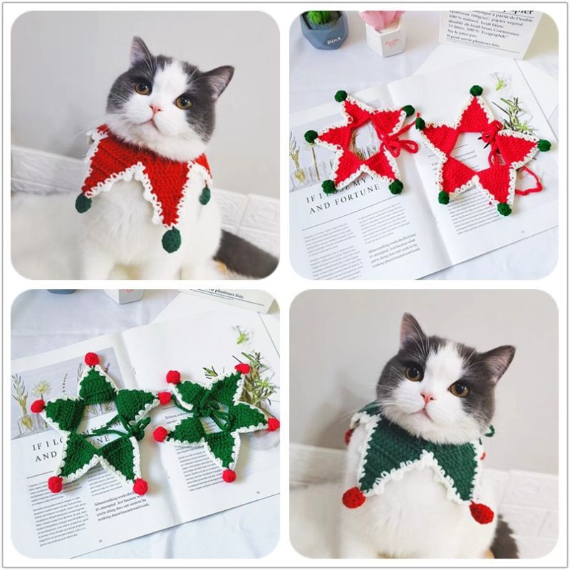 Aksesoris Kerah Rajutan Tangan Adjustable Motif Bintang Natal Untuk Anjing Dan Kucing Peliharaan