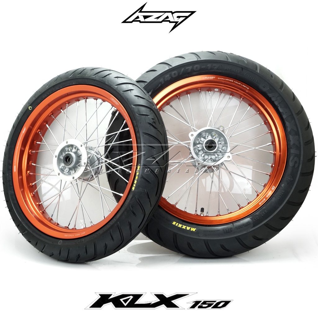 BAN SET SUPERMOTO KLX DTRACKER150 VELG SCARLET ORANGE BAN MAXXIS TUBELESS