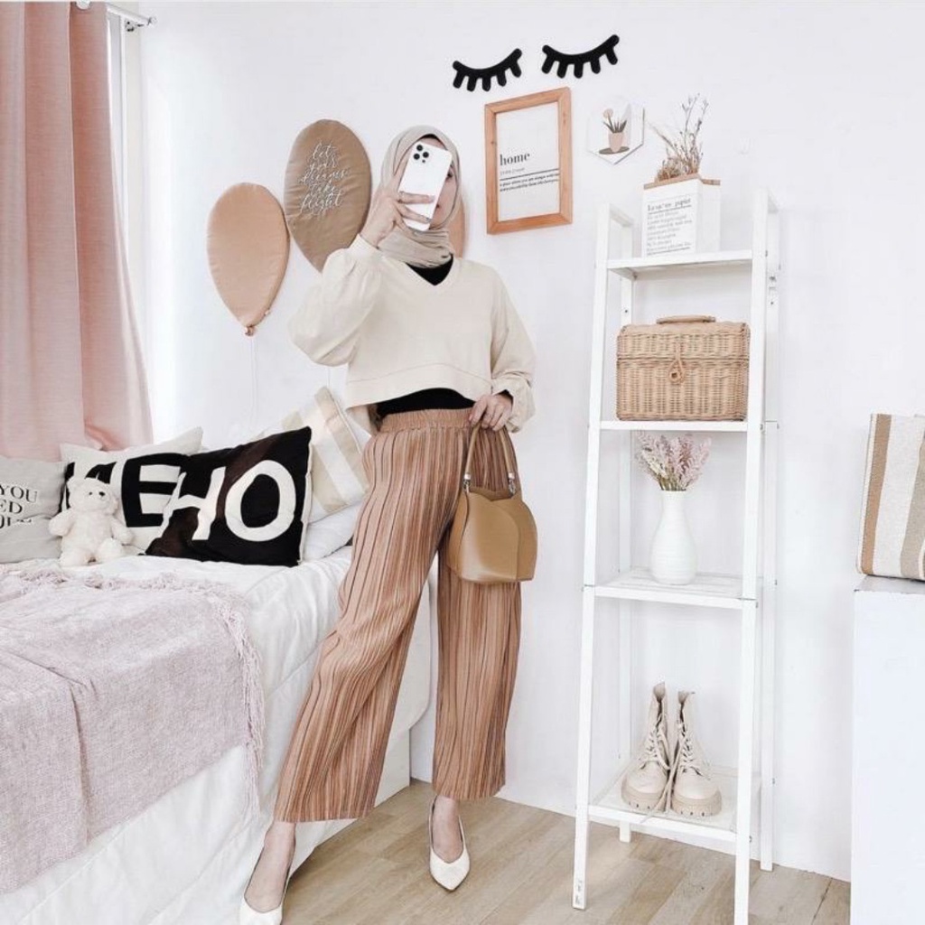 Celana Kulot Plisket panjang Bawahan Celana panjang Celana kulot Longgar/Lurus Hyget Terbaru Termurah Terlaris