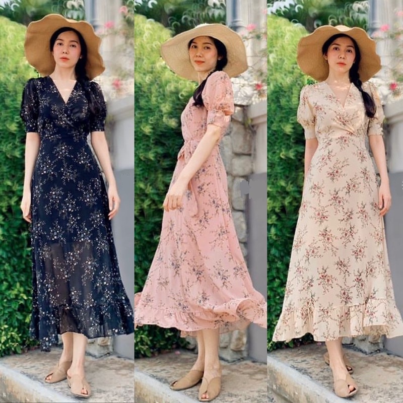 Luna 루나 Dress Floral Casual Vintage Midi V Neck Hijab Lengan Panjang Summer Beach Korea Style Look C
