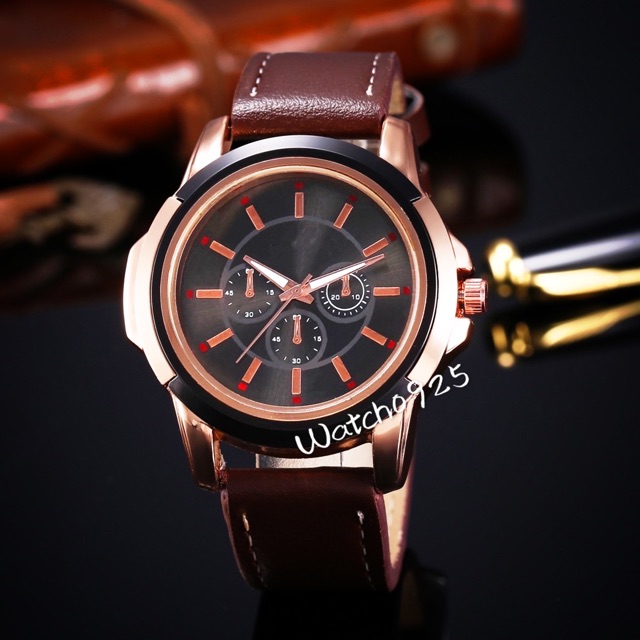 [READY STORK] JAM TANGAN PRIA KULIT FASHION MURAH ANALOG COKLAT MUDA PLAT HITAM M13