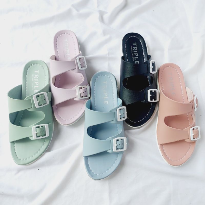 Sandal Wanita Trendy Ban 2 Variasi Gesper Pastel Colors (Adelia 02)