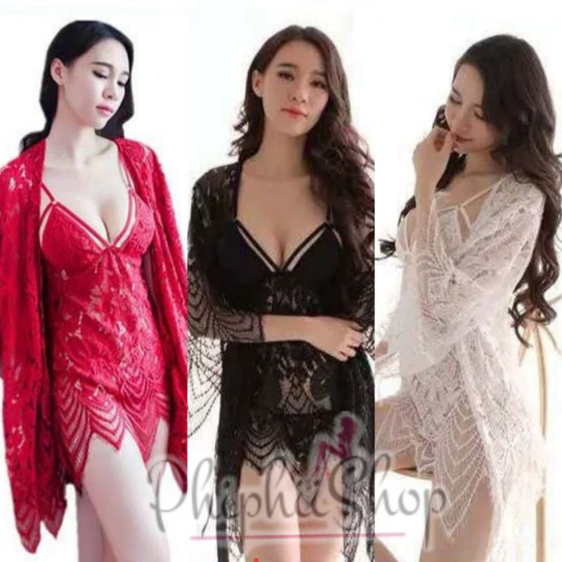Sexy Lingerie Fit M - L Set Bikini Kimono + Dress + Panty Model Renda Brukat