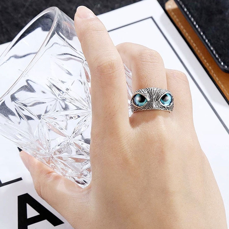 Vintage Style Burung Hantu Kristal Cincin Perak Hewan Pria Wanita Perhiasan Fashion Punk Crystal Rings-Won