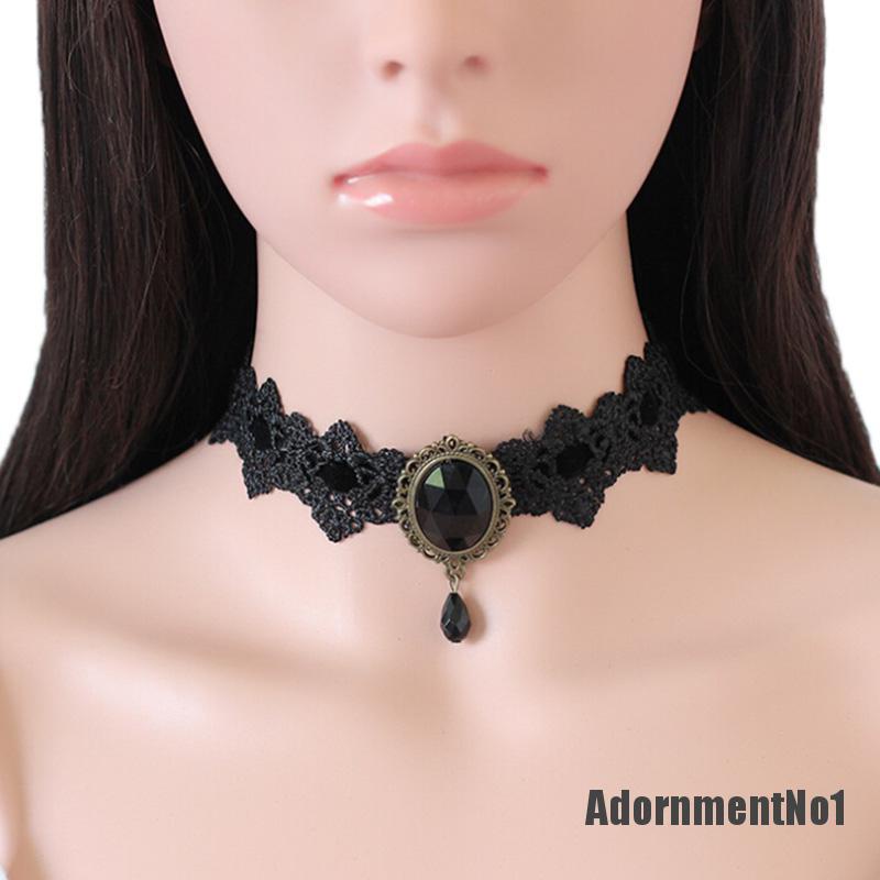 (Adornmentno1) Kalung Choker Lace Hitam Hias Kristal + Rantai Gaya Vintage / Gothic Untuk Wanita