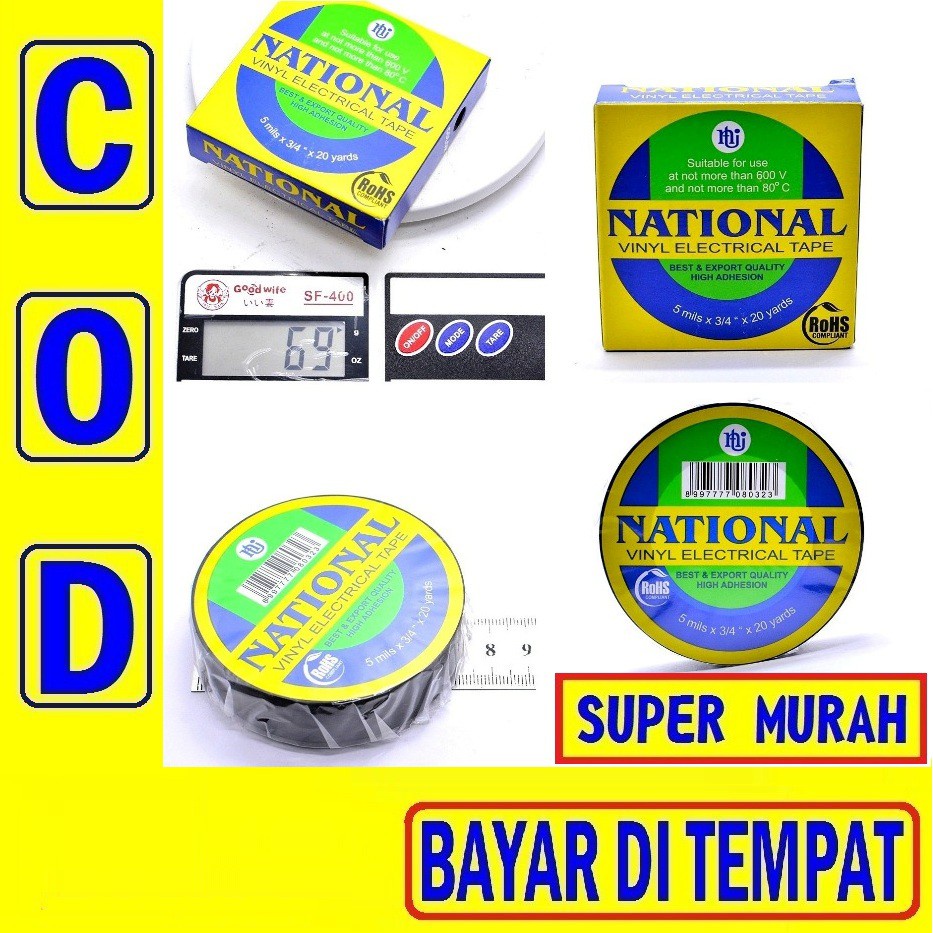 

Isolasi National Hitam Listrik Tape ¾ Inch Solasi Besar 20 Yard Selotip