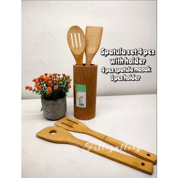 UTENSILS SET WITH HOLDER SET 4 PCS /SPATULA KAYU WILBERT COOKING COLOR