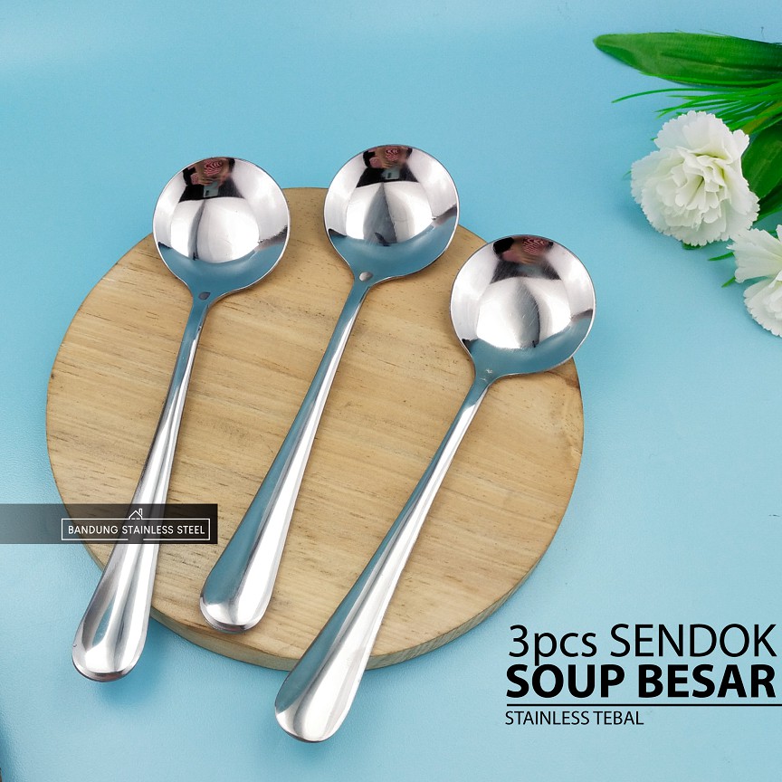 3pcs Sendok Bulat Stainless Tebal Sup Soup Spoon Es Krim Dessert Finishing Halus Hotel Standar