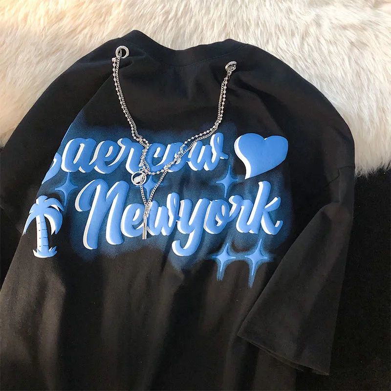 [littlecrab] Kaos Oversize Saercow Newyork With Additional Double Chain Love Coconut Tree Star Tshirt Rantai Swag Unik Aesthetic Street Style T-shirt Berkualitas Couple Unisex Korean Style