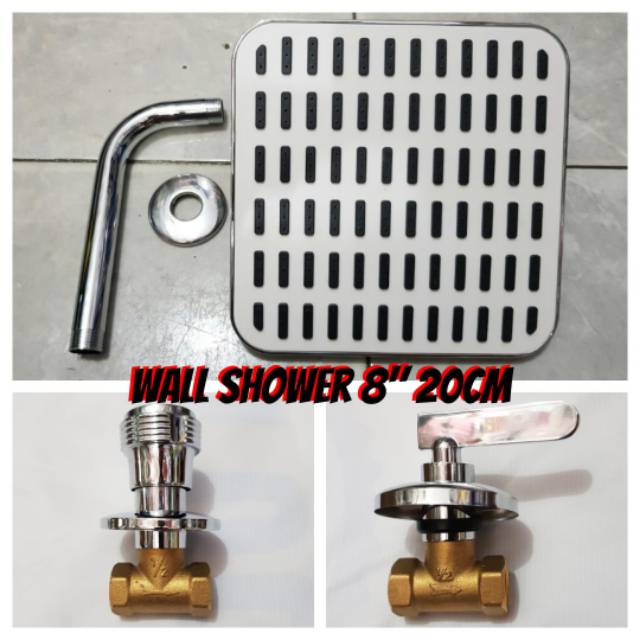 Paket wall shower tanam 8in stainless + stop kran tanam kuningan