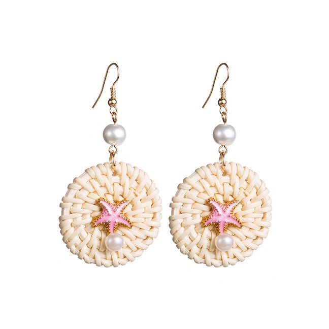 LRC Anting Gantung Fashion Woven Pearl Drop Oil Starfish Earrings F52825