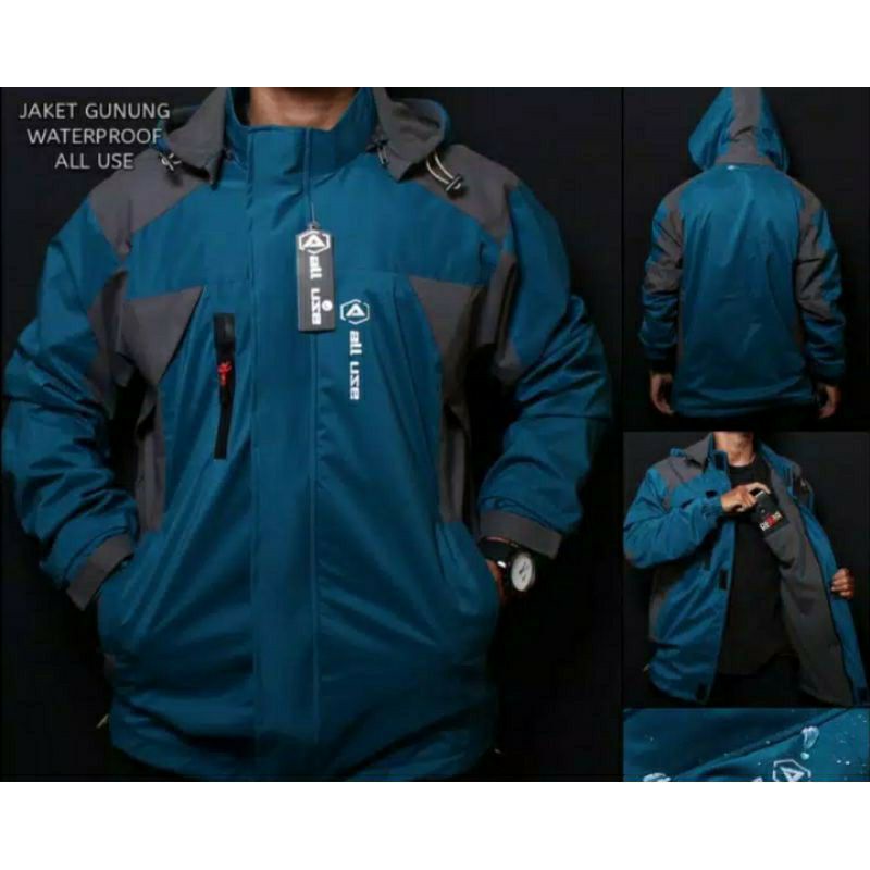JAKET GUNUNG PRIA OUTDOOR WATERPROOF ORIGINAL ALL USE ANTI AIR-Biru Toska Mix Grey
