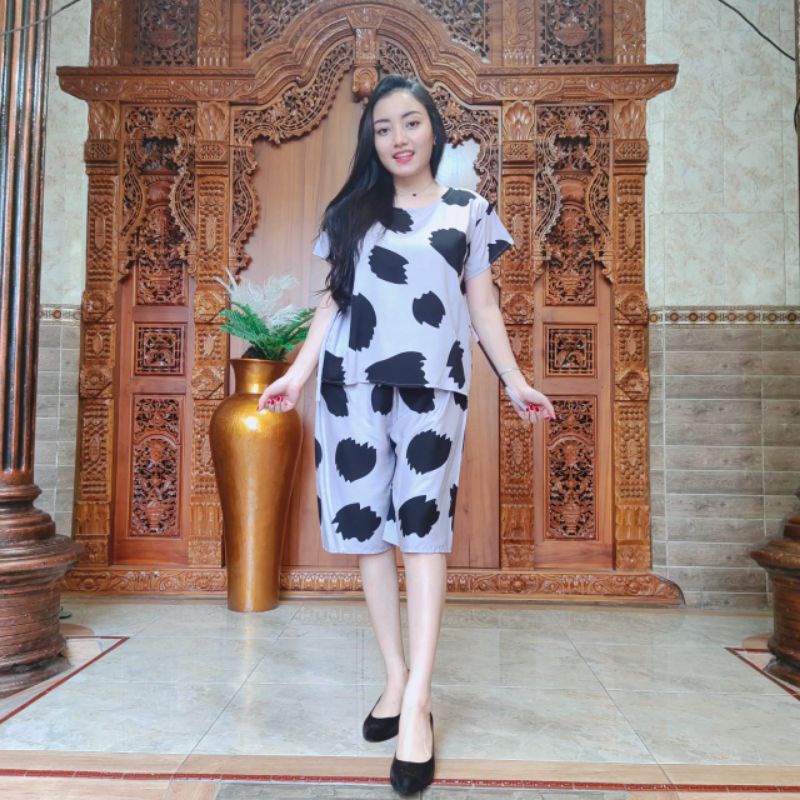 PIYAMA BALI - PIYAMA PENDEK - MOTIF JEPUN-Cow Grey