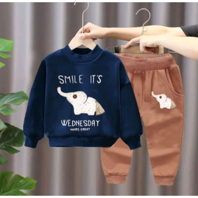 SET Flecce/Setelan Sweater Anak Pakaian Baju Bebytery Anak Smile Motif Gajah