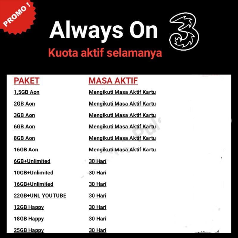 Paket Data tri Always ON | Kuota Tri Unlimited (Inject)